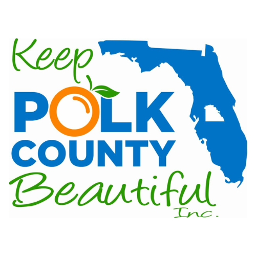 Keep Polk County Beautiful Inc logo with green and blue text, an orange peach, and Florida silhouette