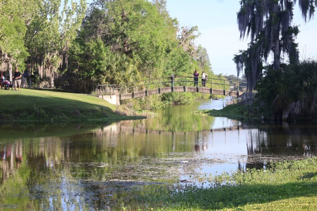 Pedestrian footbridge over a scenic waterway with Spanish moss trees in Bartow, Florida