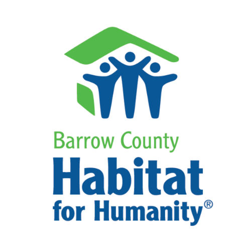 Barrow County Habitat for Humanity logo with green house roof and blue stylized figures of people