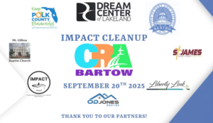 IMPACT Cleanup September 2025 partner logos including Keep Polk County Beautiful, CRA Bartow, and Dream Center