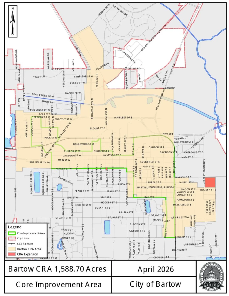 Map of Bartow CRA core improvement area boundaries with city limits, railways, and CRA expansion zones