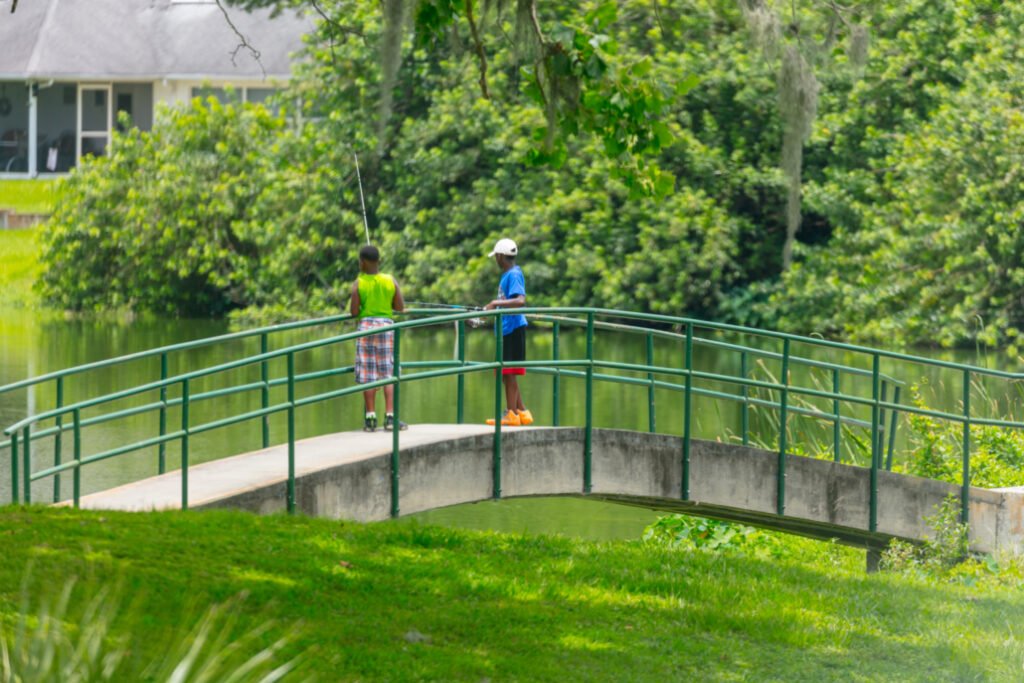 Two children fishing from a small green railed bridge over a pond surrounded by lush green trees